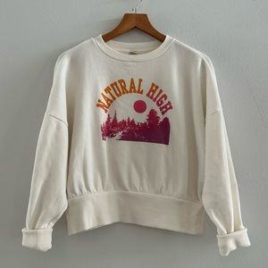 Cropped Cream Pullover Sweater, “Natural High” Sunset Nature Print, Size XS